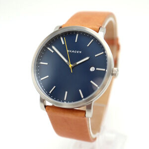 Skagen Men's Hagen Blue Dial Watch 40mm Brown Leather Strap SKW6279 New Battery